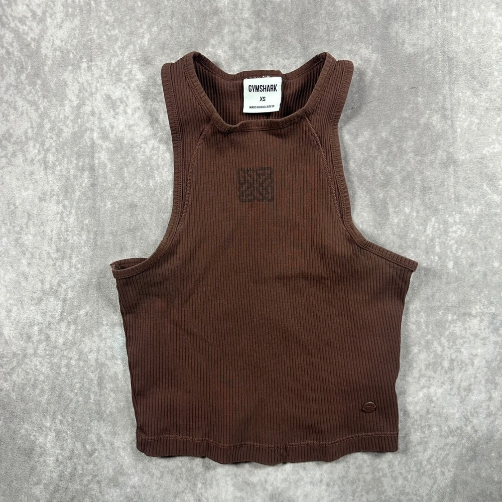 Gymshark Womens XS Brown Ribbed High Neck Racerback Crop Tank Top Activewear